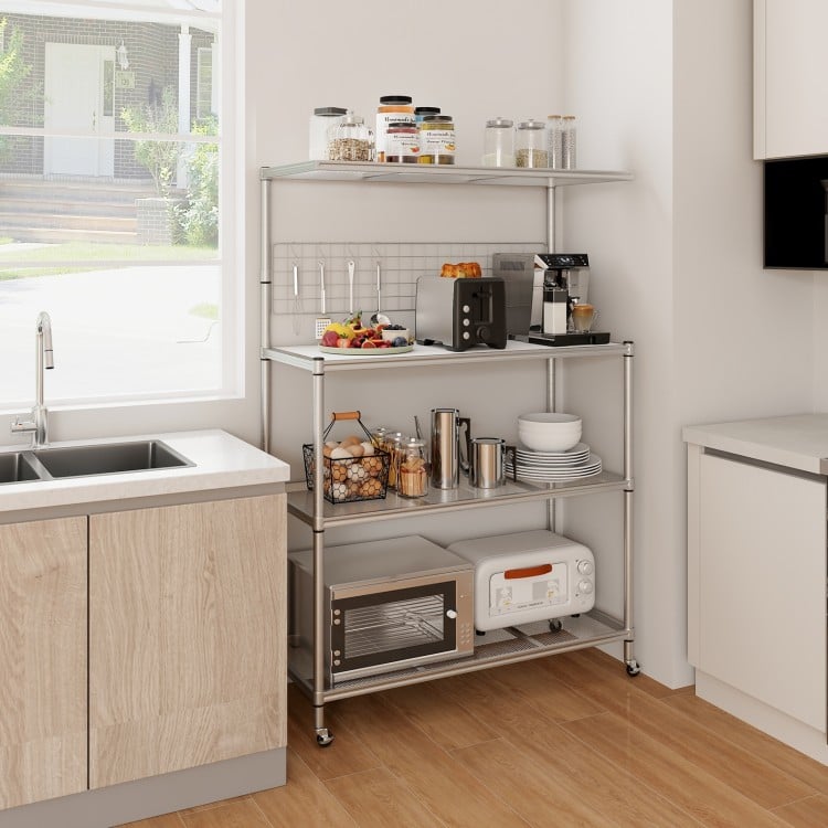 4-tier silver bakers rack on wheels with adjustable shelves and hooks, ideal for kitchen organization and storage.
