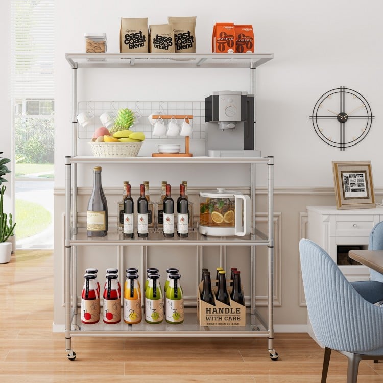 4-tier silver bakers rack on wheels with adjustable shelves, perfect for kitchen organization and storage.