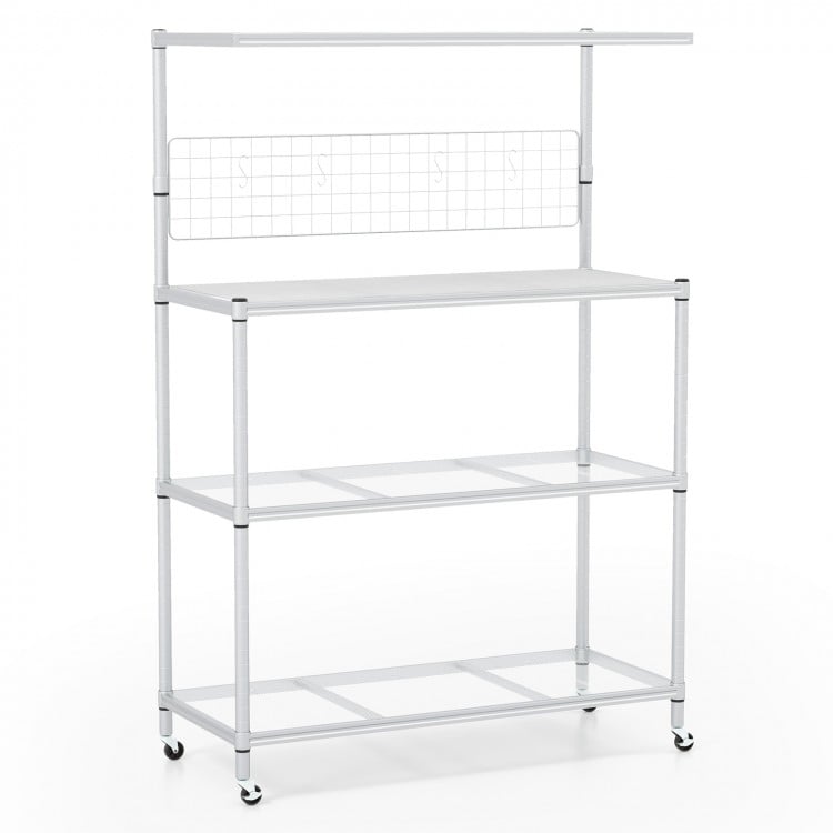 4-tier bakers rack on wheels in silver with adjustable shelves, removable hooks, and spacious storage for kitchen.