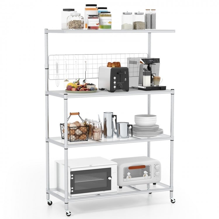 4-tier silver bakers rack on wheels with adjustable shelves, ideal for kitchen organization and storage.