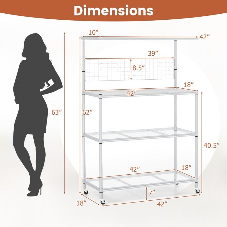 4-tier bakers rack on wheels in silver with adjustable shelves, ideal for kitchen organization and storage.