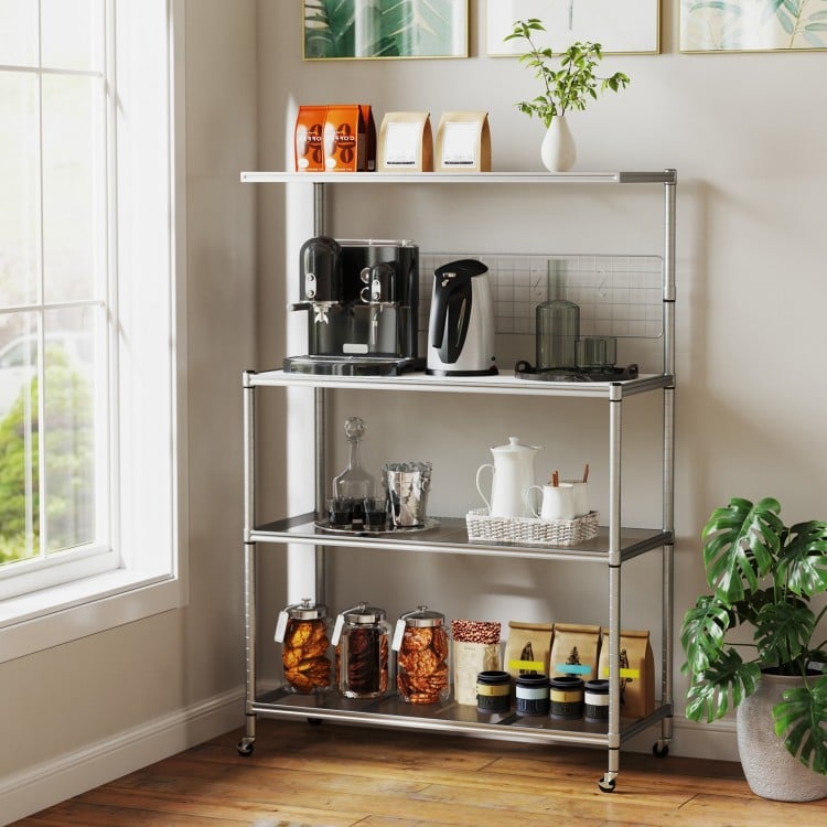 4-tier silver bakers rack on wheels with adjustable shelves, ideal for organizing kitchen utensils and appliances.