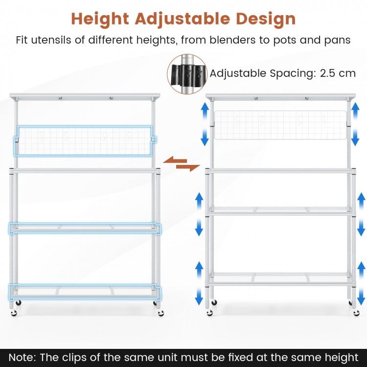 4-tier bakers rack on wheels with adjustable shelves, ideal for organizing kitchen utensils and maximizing storage.
