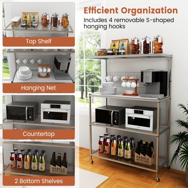 4-tier bakers rack on wheels in silver with adjustable shelves, hooks, and ample storage for kitchen organization.