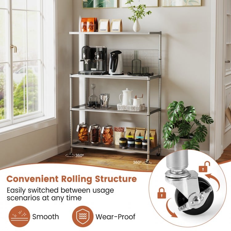 4-tier bakers rack on wheels in silver with adjustable shelves, perfect for kitchen organization and storage.