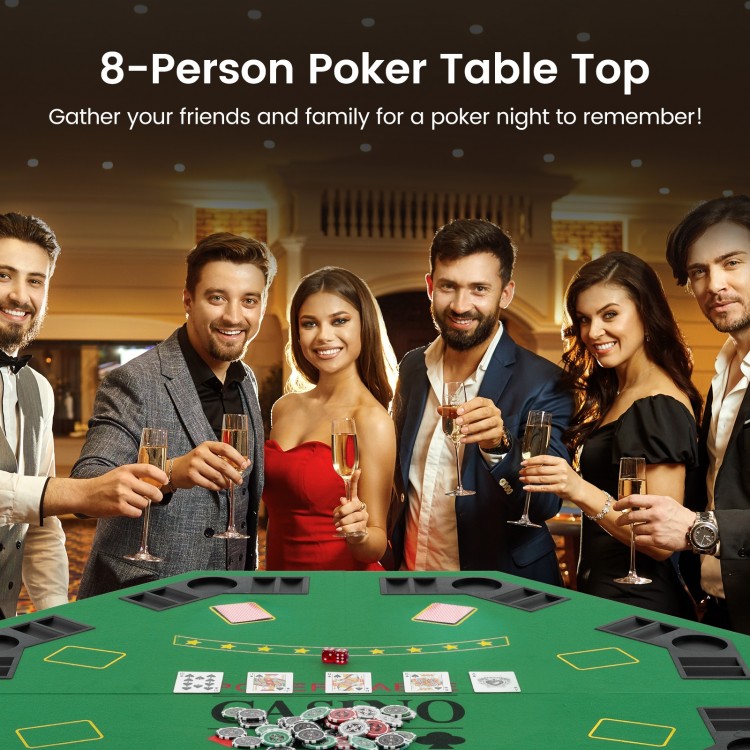 8-player foldable poker table top in green with cup holders and chip trays, perfect for game nights and gatherings.
