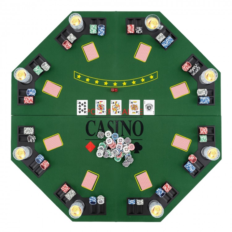 Foldable 48" green poker table top for 8 players with cup holders and chip trays, perfect for game nights and parties.
