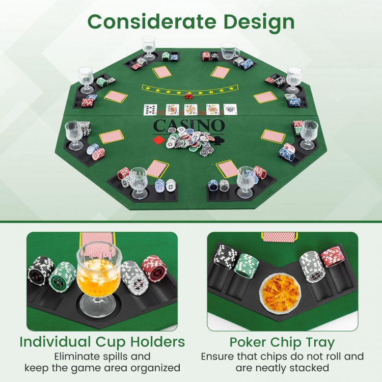 Foldable 8-player poker table top in green with cup holders and chip trays, ideal for game rooms and parties.