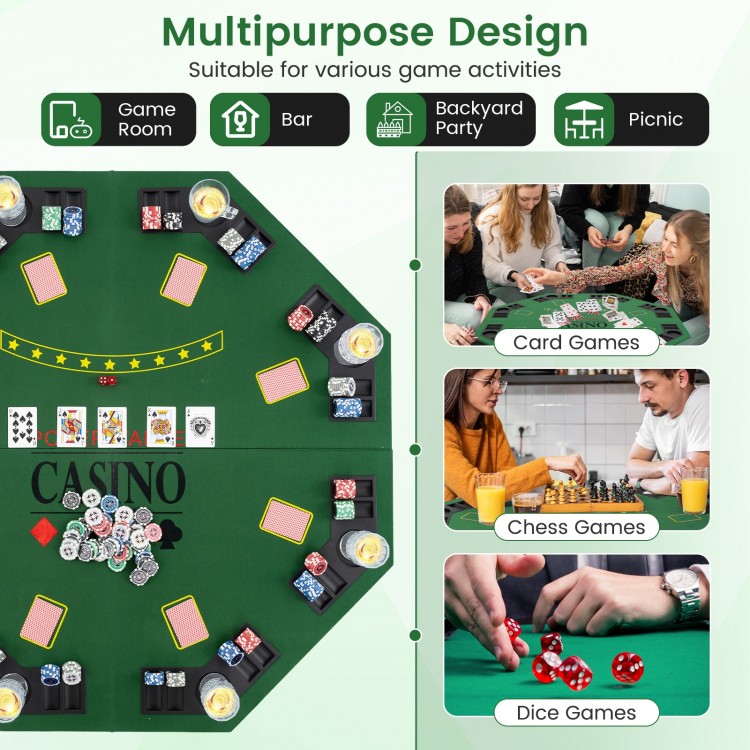Foldable 48" green poker table top for 8 players with cup holders and chip trays, perfect for game rooms and parties.