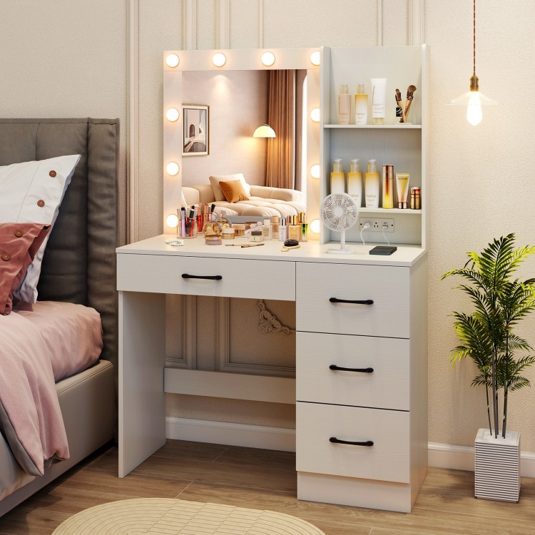 Vanity desk in white featuring 3-color lights, open shelves, and built-in power outlets for beauty tools and phones.