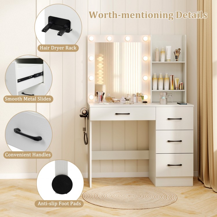 Vanity desk in white featuring 3-color lights, open shelves, and a hair dryer holder for organized beauty routines.
