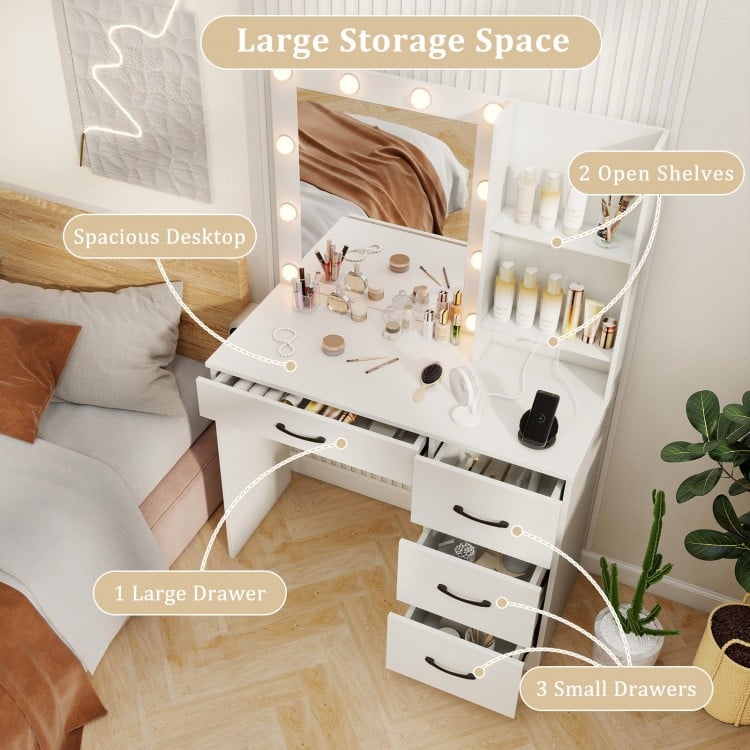Vanity desk in white featuring spacious desktop, 3-color lights, open shelves, and multiple drawers for organized.