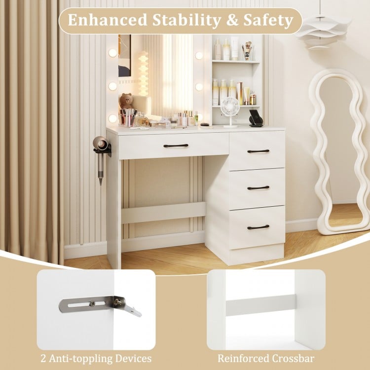 Vanity desk in white featuring 3-color lights, open shelves, and drawers for organized beauty tool storage.