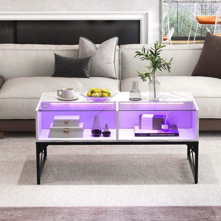Center table with a high-gloss faux marble surface and built-in LED lights, designed for stylish living room ambiance.
