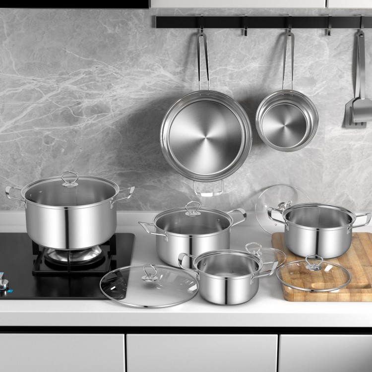 12-piece stainless steel pots and pans set with tempered glass lids, including stockpots and frying pan, for versatile.