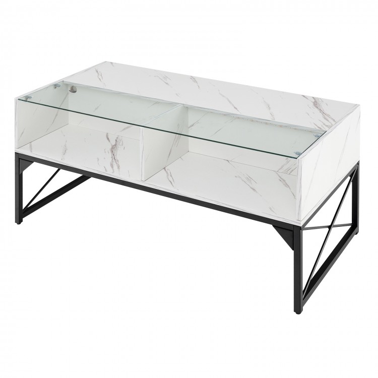Center table with faux marble and tempered glass top, featuring built-in LED lights and ample storage for decor and.