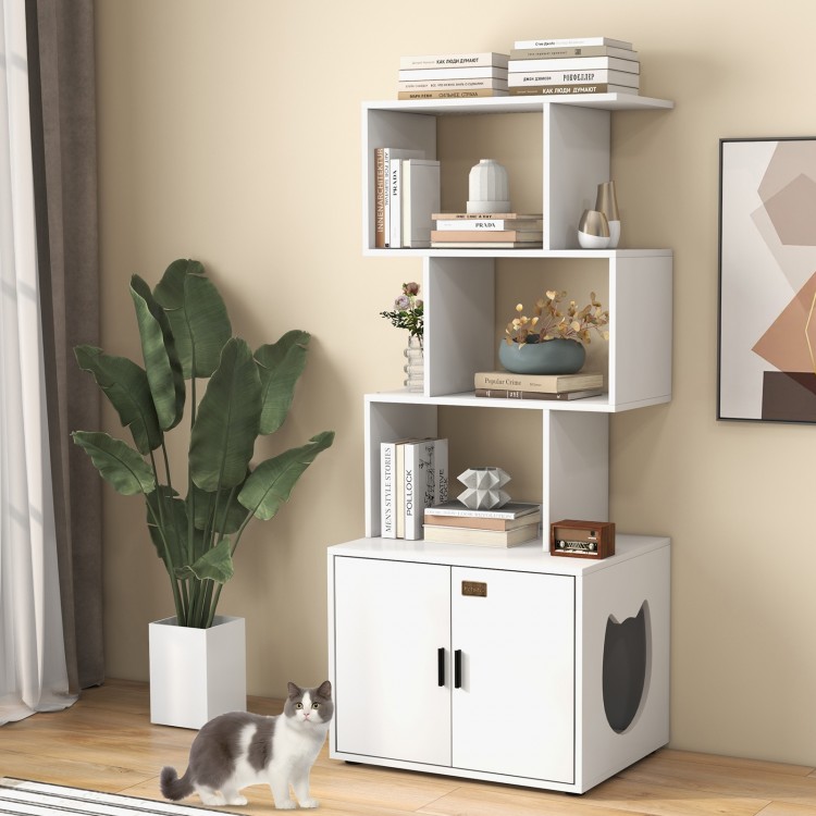 Tall white cat litter box enclosure with geometric shelves and storage, featuring a cute side entry for easy access.