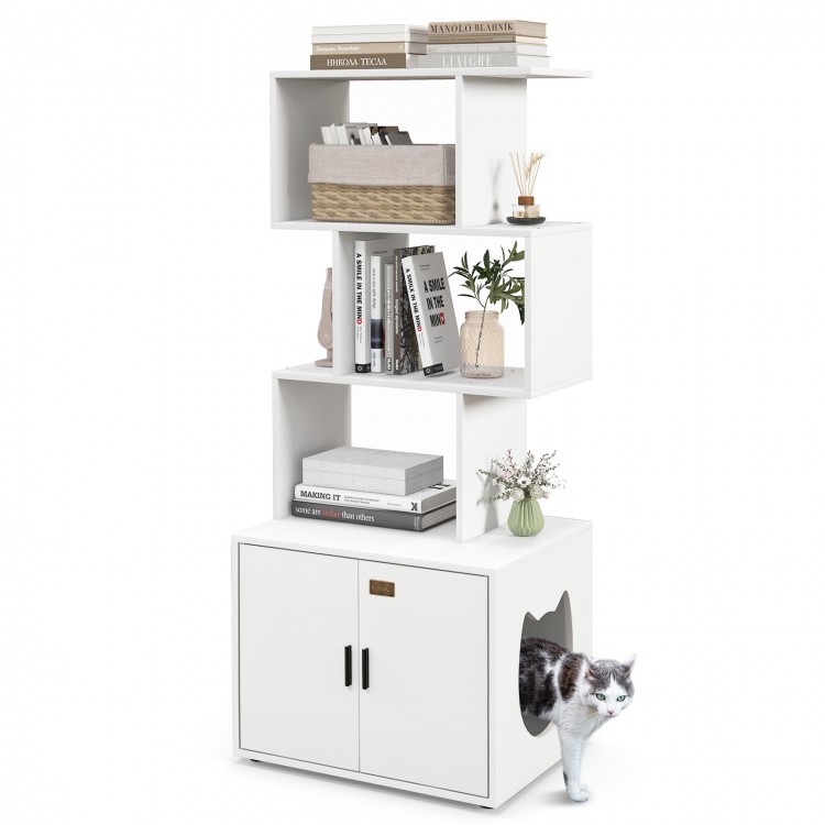 Tall white cat litter box enclosure with geometric shelves, side entry, and storage for organized pet essentials.