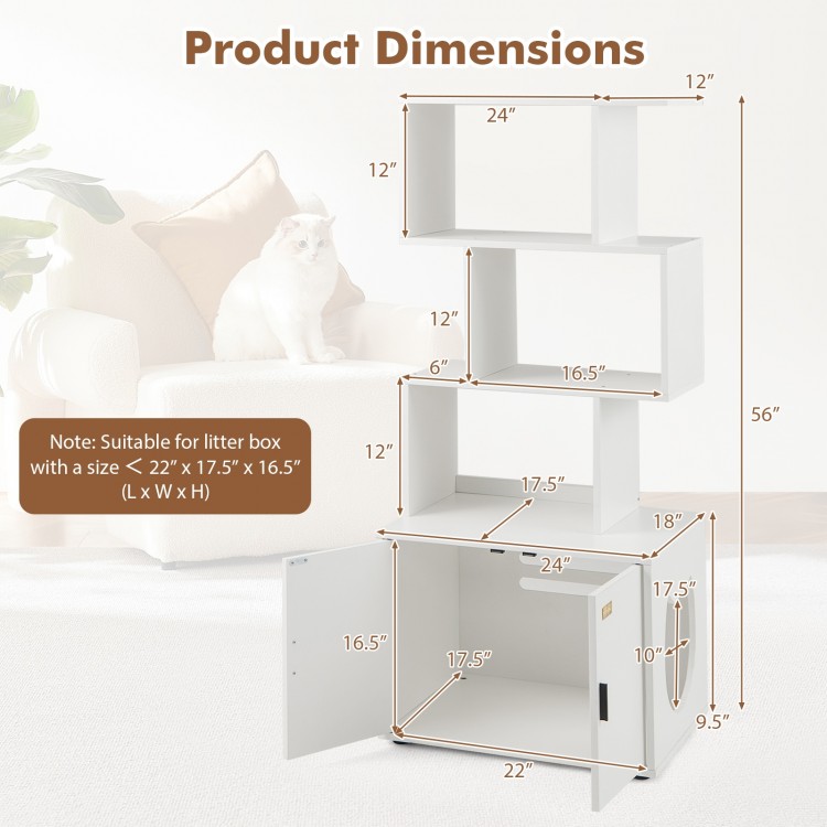 Dimensions of the 56-inch tall white cat litter box enclosure with storage, featuring geometric shelves and side entry.