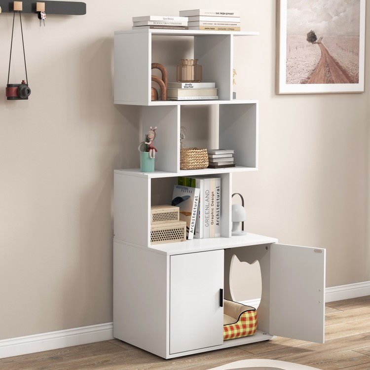 Tall white cat litter box enclosure with open shelves, side entry, and storage for organized pet essentials.