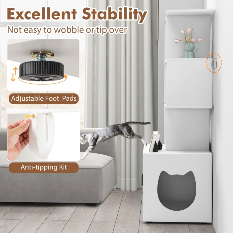 Tall white cat litter box enclosure with storage, featuring adjustable foot pads and anti-tipping kit for stability.