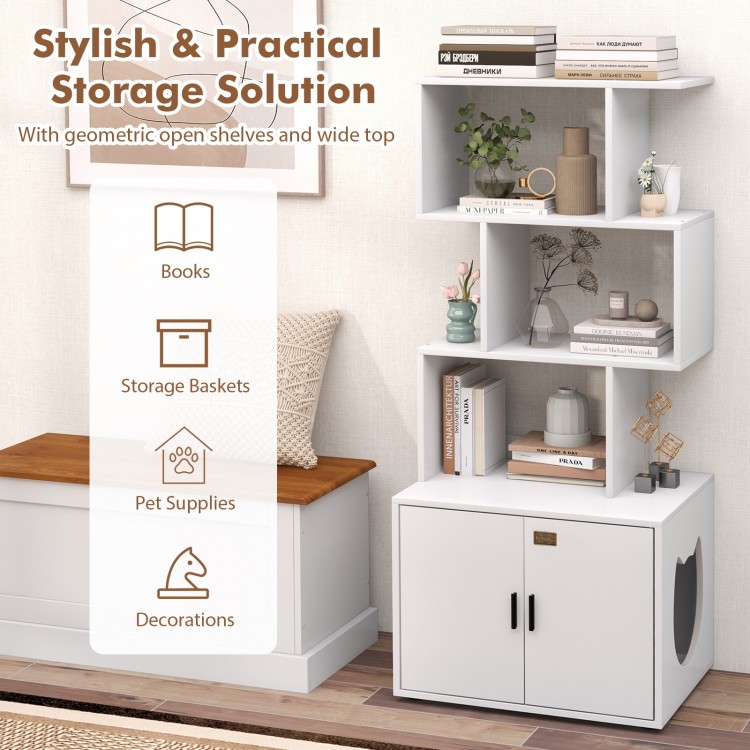Tall white cat litter box enclosure with geometric shelves, side entry, and storage for books and pet supplies.