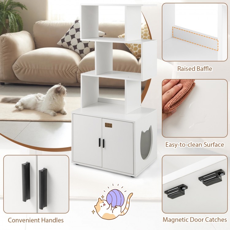 Tall white cat litter box enclosure with storage, featuring geometric shelves, magnetic door catches, and easy-to-clean.