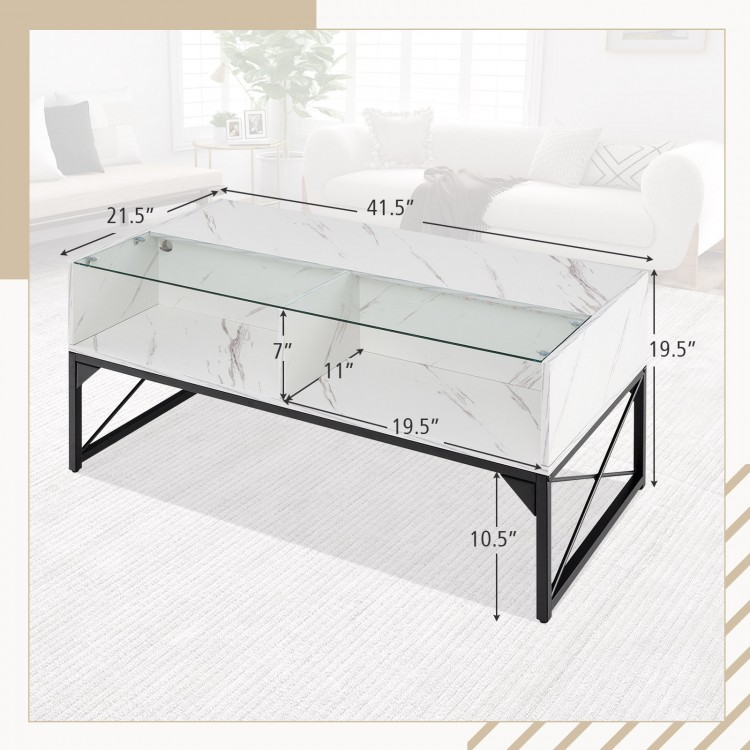 Center table with faux marble and tempered glass top, featuring LED lights and ample storage for magazines and snacks.