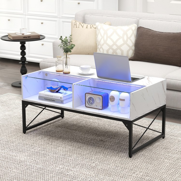 Center table with faux marble and tempered glass top featuring built-in LED lights, ample storage, and a durable metal.
