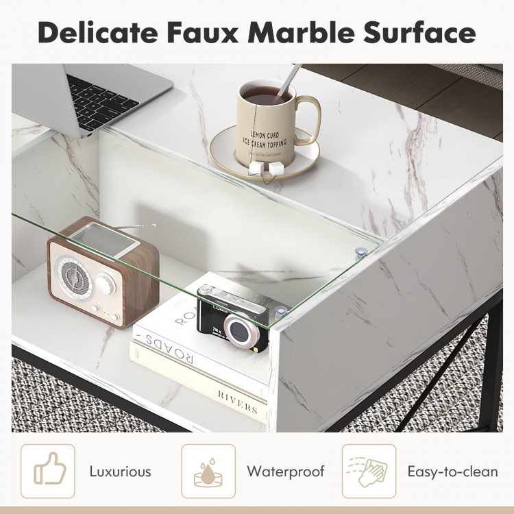 Center table featuring a high-gloss faux marble surface and tempered glass top, perfect for stylish living room decor.