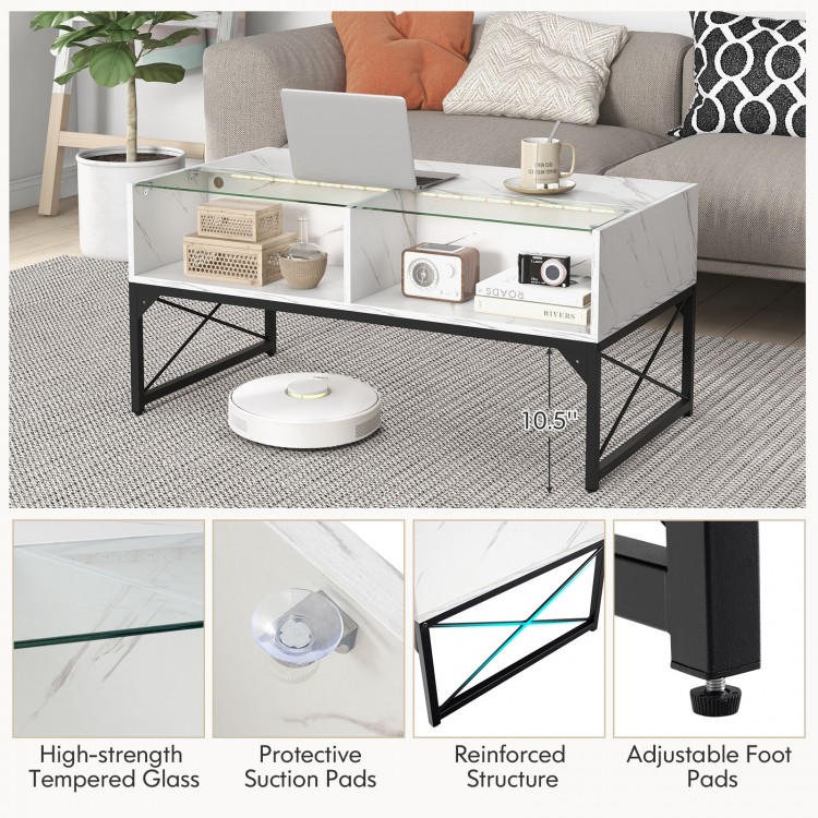 Center table with faux marble and tempered glass top, featuring LED lights and ample storage for decor and essentials.