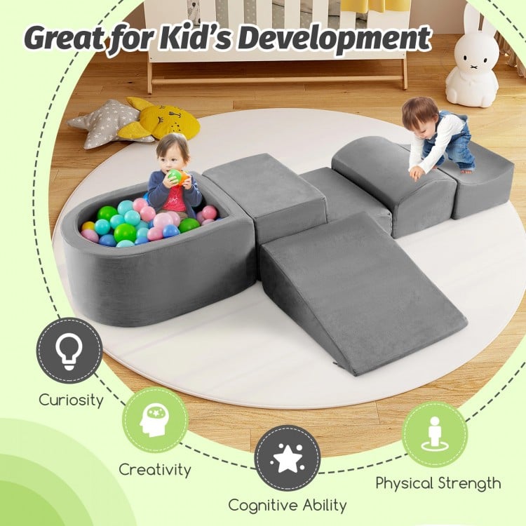 5-piece gray climb and crawl playset with slide and ball pit, designed for kids' creativity and physical strength.