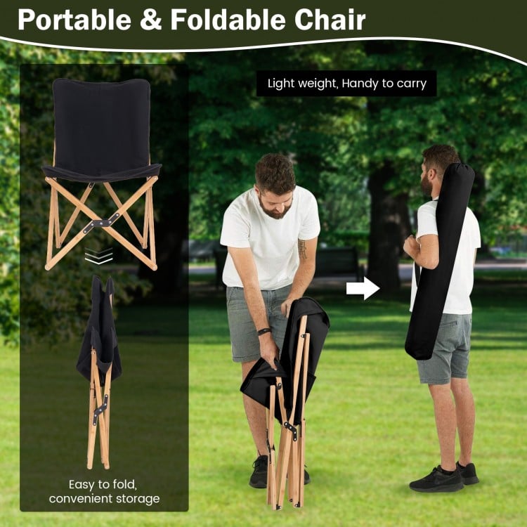 Black bamboo folding chair with storage pocket, lightweight design for camping and fishing, easy to carry and store.