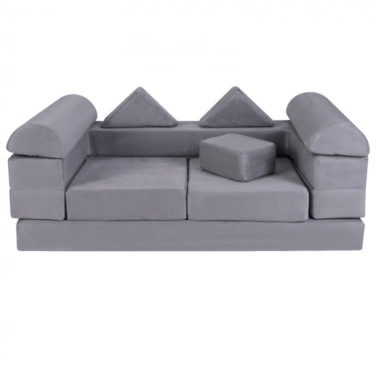 Gray 9-piece foam playset with breathable suede fabric, convertible into a kids couch or lounger for versatile play.