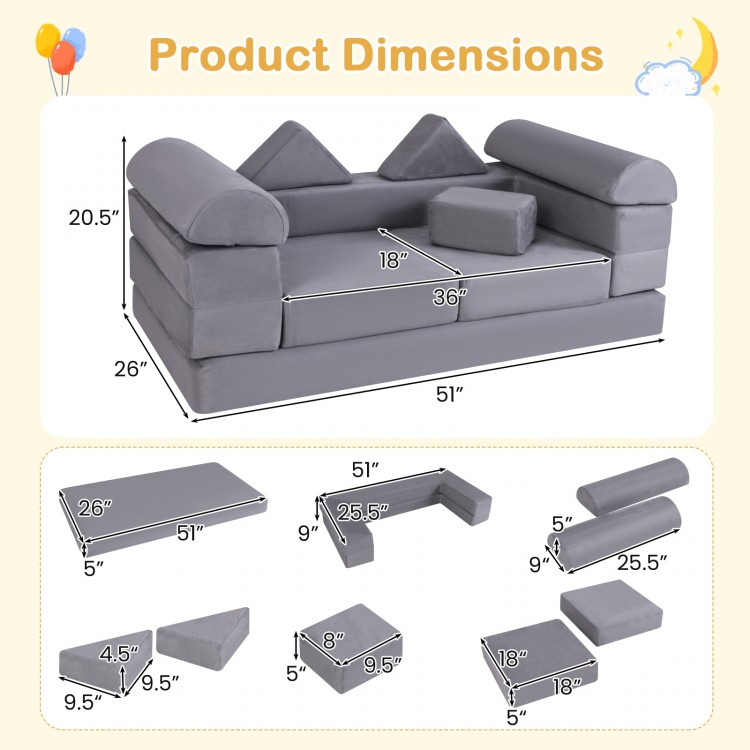Gray 9-piece foam playset dimensions showing various configurations for kids' couch, lounger, and cozy bed.