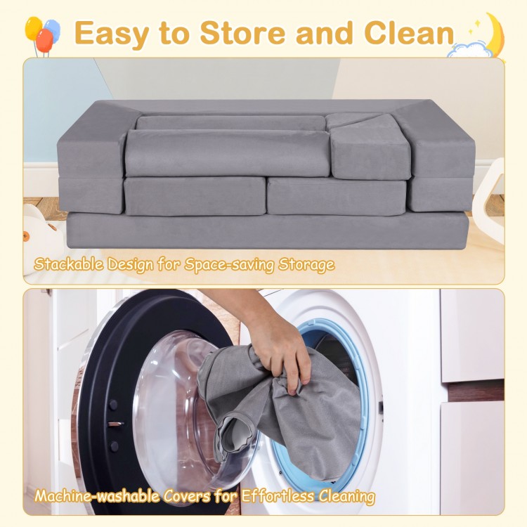 Gray 9-piece foam playset with stackable design and machine-washable covers for easy storage and cleaning.
