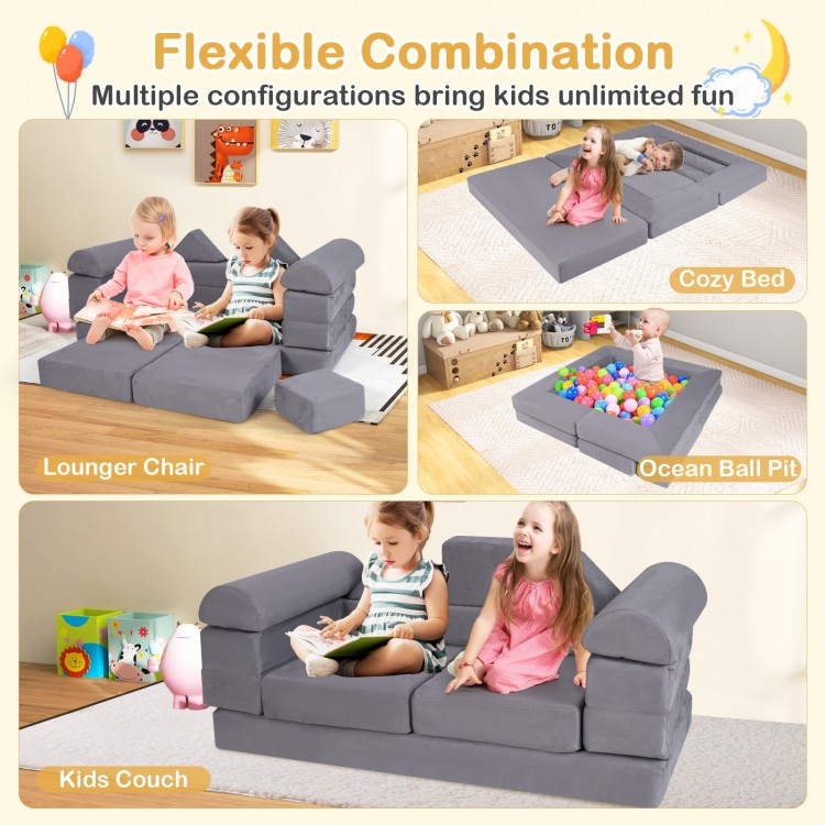 9-piece gray foam playset showing kids couch and lounger chair configurations for versatile play and comfort.