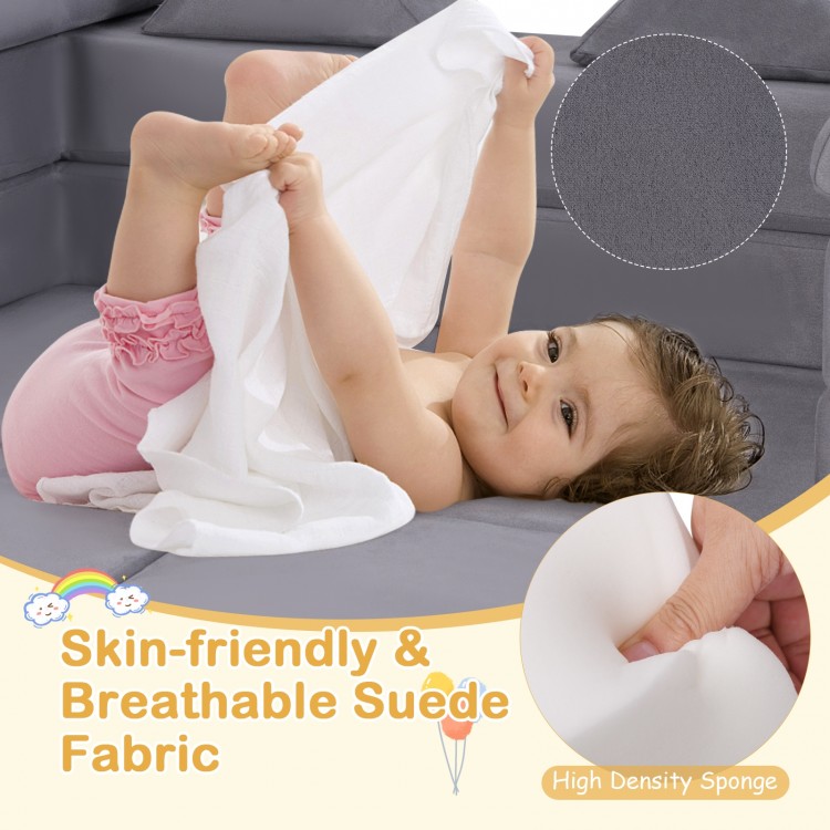 Gray foam playset with breathable suede fabric, featuring a child playing and showcasing soft, stackable design for fun.