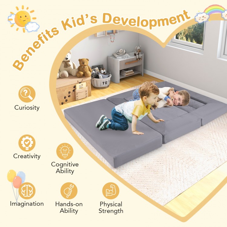 Gray 9-piece foam playset with breathable suede fabric, ideal for kids' creativity and physical strength development.