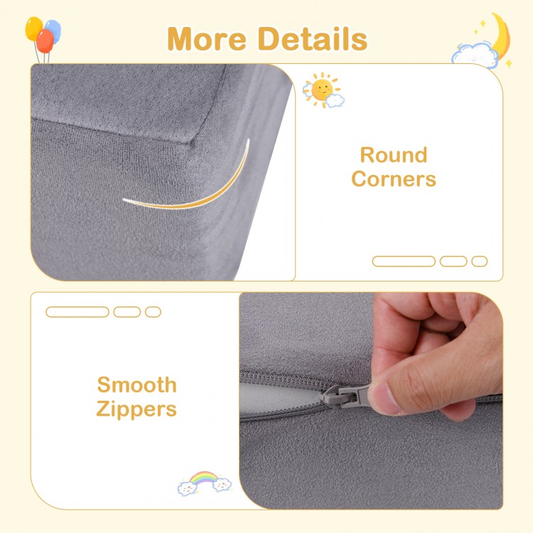 Detail of the 9-piece foam playset showing smooth zippers and round corners, made with breathable gray suede fabric.