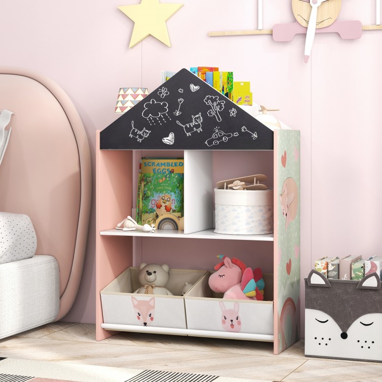 Playhouse kids bookshelf in pink with chalkboard and whiteboard, ideal for storage and creativity in children's rooms.