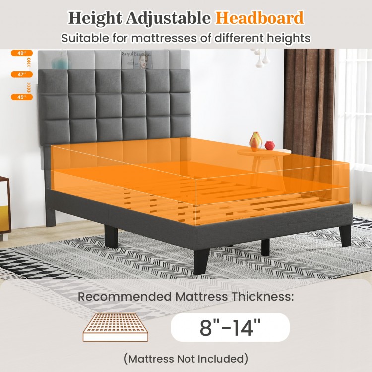 Full size gray linen bed frame with adjustable headboard, suitable for 8"-14" thick mattresses, featuring elegant.