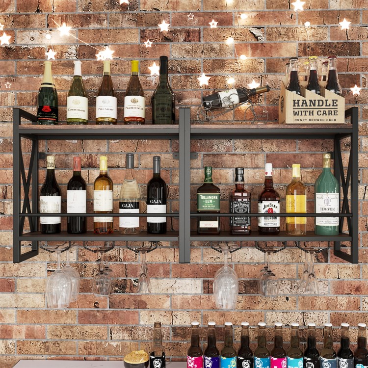 Wall-mounted wine rack featuring 2-tier shelves, 3 glass holders, and a rustproof metal design for stylish storage.