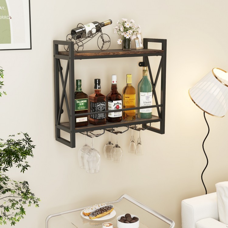 Wall-mounted wine rack with 2-tier shelves, metal construction, and 3 glass holders for stylish storage and.