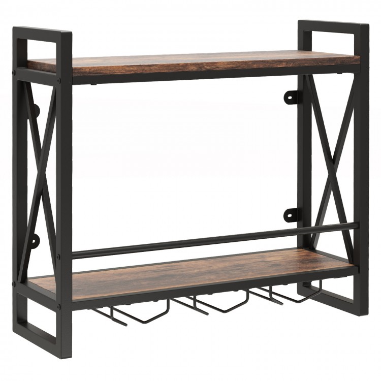 Wall-mounted wine rack featuring 2-tier shelves and 3 glass holders, crafted from rustproof metal for durability.