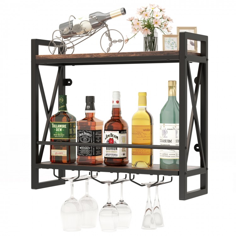 Wall-mounted wine rack with 2-tier shelves, rustproof metal, and 3 glass holders for stylish storage and organization.