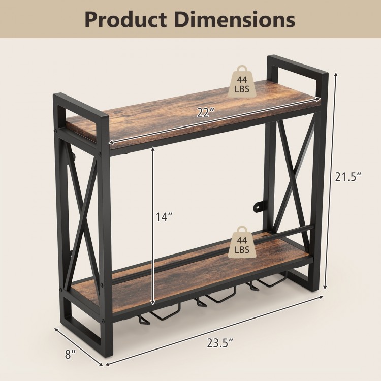 Wall-mounted wine rack with 2-tier shelves, featuring an industrial design and reinforced X-structure for stability.