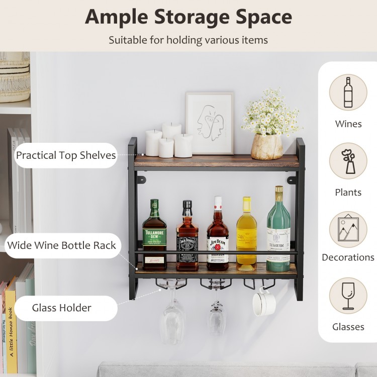 Wall-mounted wine rack with 2-tier shelves, glass holders, and industrial style for stylish storage in any room.