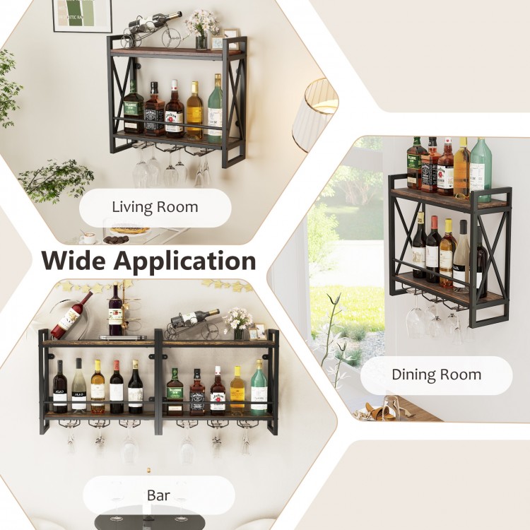 Wall-mounted wine rack with 2-tier shelves and 3 glass holders, featuring rustproof metal for durability and industrial.
