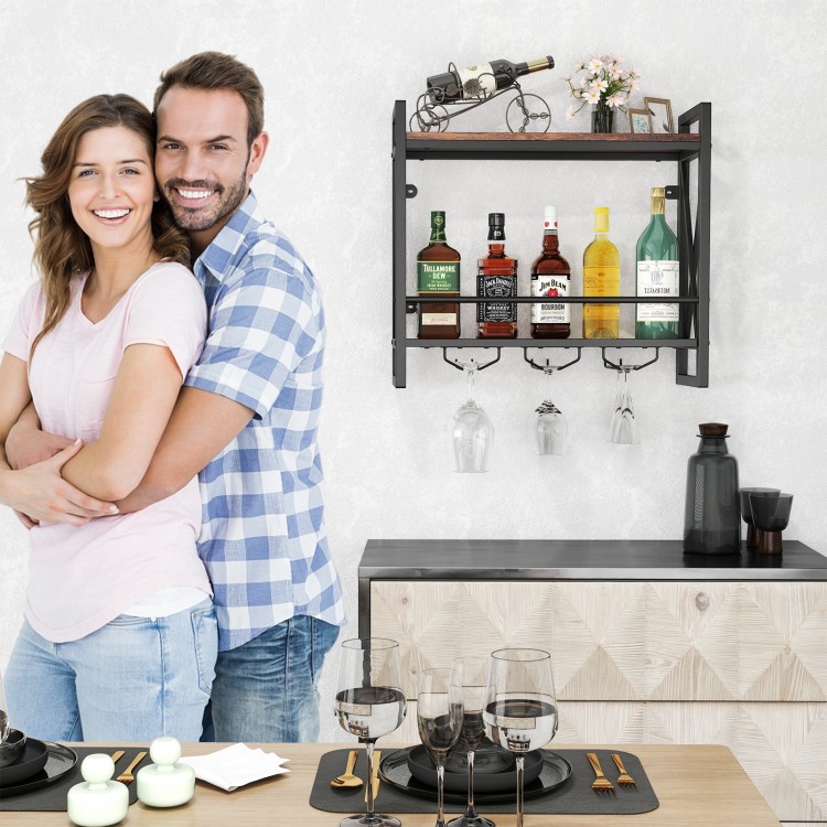 Wall-mounted wine rack with 2-tier shelves and 3 glass holders, featuring an industrial design for stylish storage.